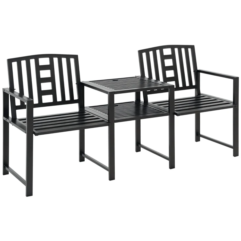 Outsunny Steel Garden Bench w/ Middle Table, Umbrella Hole, Double Seat for Outdoor, Patio, Backyard  Weather-Resistant Frame, Black