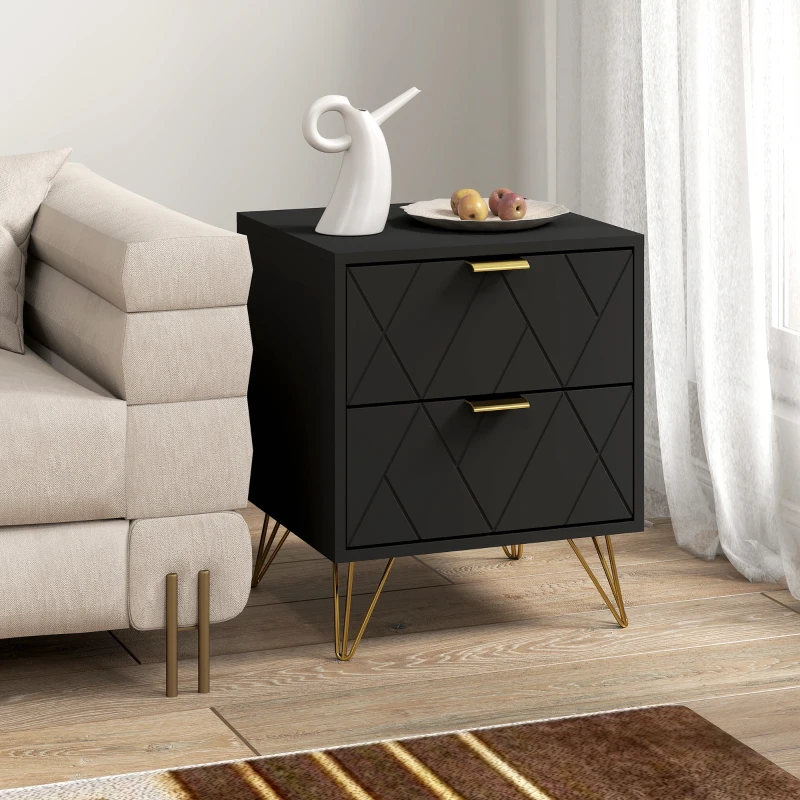 HOMCOM Modern Bedside Table, Accent Nightstand with 2 Drawers, Bed End Table for Bedroom, Black
