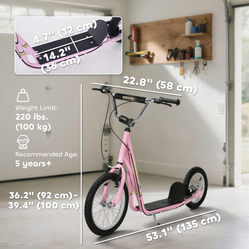 HOMCOM Kick Scooter for Children 5+ Years, Adjustable Height, with Large Inflatable Wheels, Dual Brakes - Pink