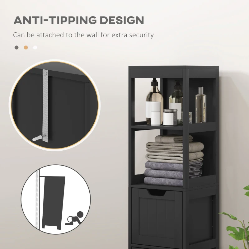kleankin Narrow Bathroom Cabinet with 3 Drawers and 2 Tier Shelf, Tall Cupboard Freestanding Linen Tower, Black