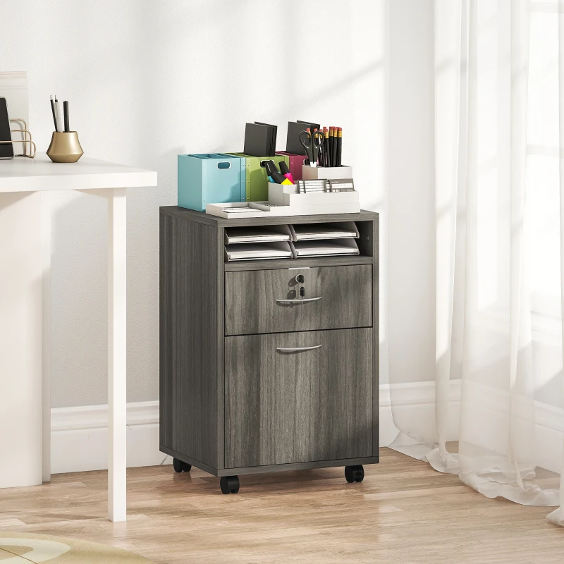 HOMCOM 24" Filing Cabinet with Open Compartment, Lockable Drawer and Wheels, Home Office Storage Cabinet, Distressed Grey