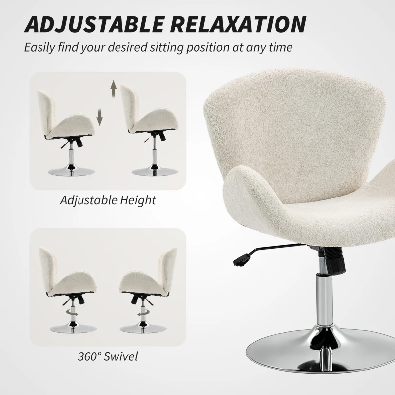 HOMCOM Swivel Office Chair, Velvet Desk Chair with Wide Bucket Seat, Butterfly Back, Tilt Function and Round Base, Cream White