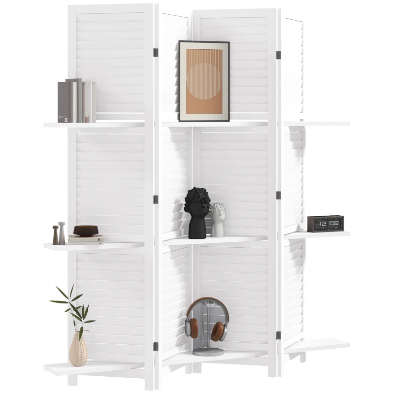 HOMCOM 4-Panel Wall Partition Room Separator with 3 Storage Shelves Foldable Design Wooden Frame 5.6FT White