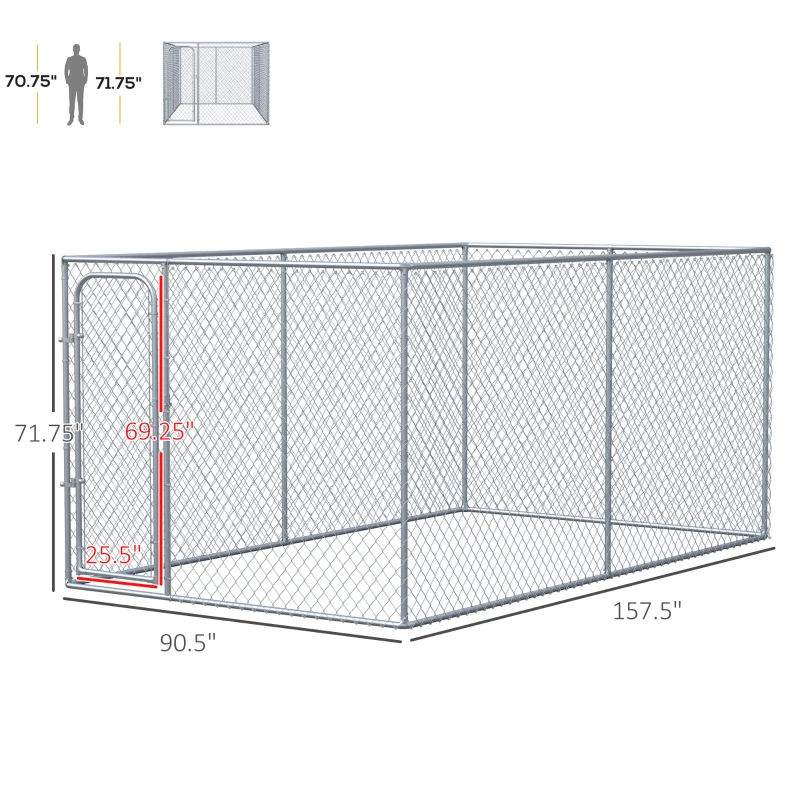 PawHut Dog Kennel Outdoor Galvanized Chain Link Fence Heavy Duty Pet Run House Chicken Coop with Secure Lock Mesh Sidewalls for Backyard Garden Silver, 13' L x 7.5' W x 5.9' H