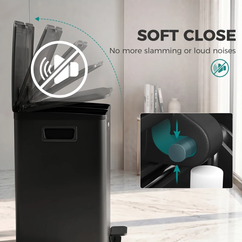 HOMCOM Garbage Bin, Soft-Close Trash Can with Foot Pedal, 2x5 Gallon (2x20 L) Garbage Can with Removable Inner Buckets, Black