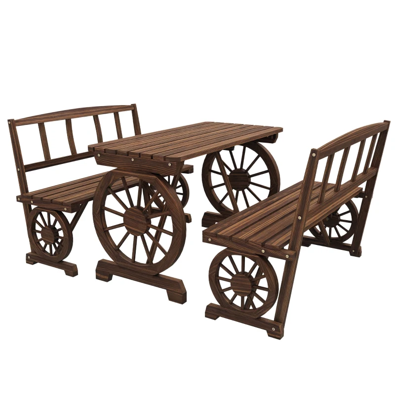 Outsunny Wooden Patio Table and Chairs for 4 People 3-Piece Carriage Wheels Design for Porch, Backyard, Balcony, Carbonized