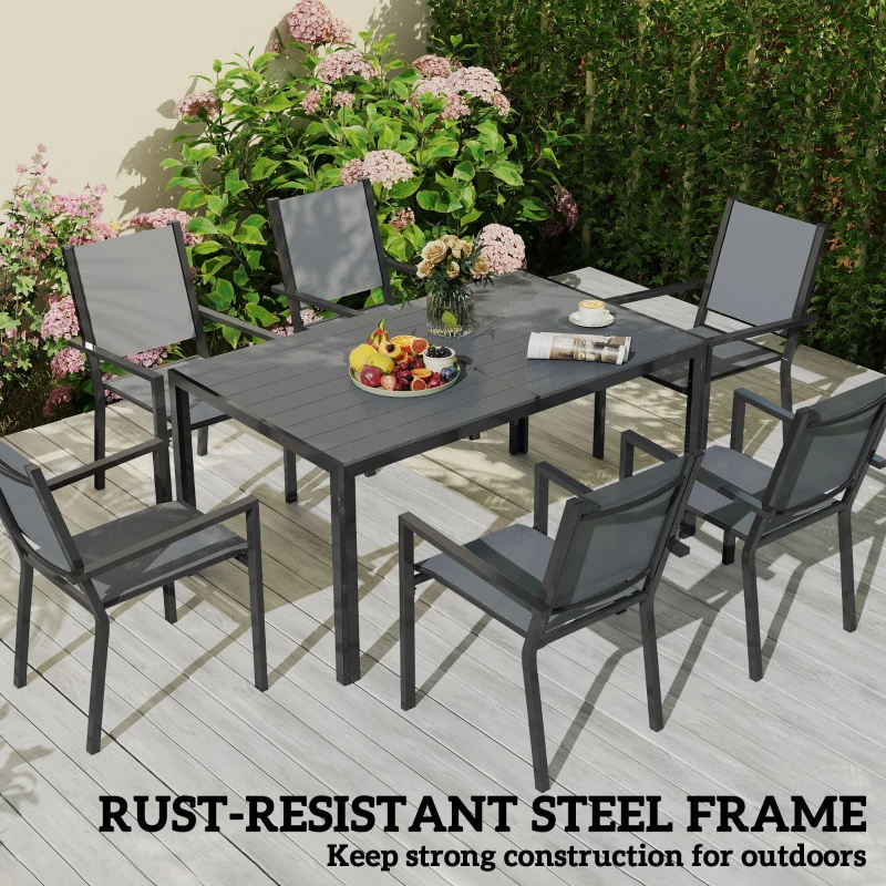Outsunny 7 Piece Outdoor Dining Set with 6 Stackable Chairs, Rectangle Table, WPC Slatted Top, Rust-Resistant Steel Frame