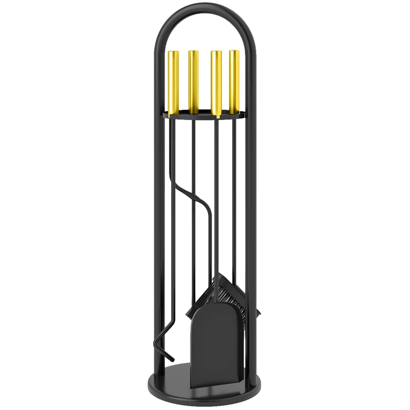 Outsunny Fireplace Tools Set, 5 Pieces Fireside Accessories with Brush, Shovel, Poker, A Pair of Tongs, Stand, Gold
