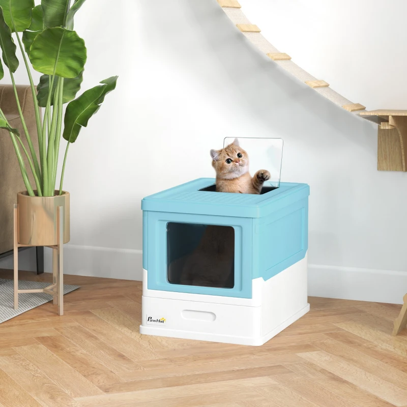 PawHut Top Entry Enclosed Kitty Litter Box with Scoop, Tray, Front Entry, Large Space, Foldable, Portable, Blue