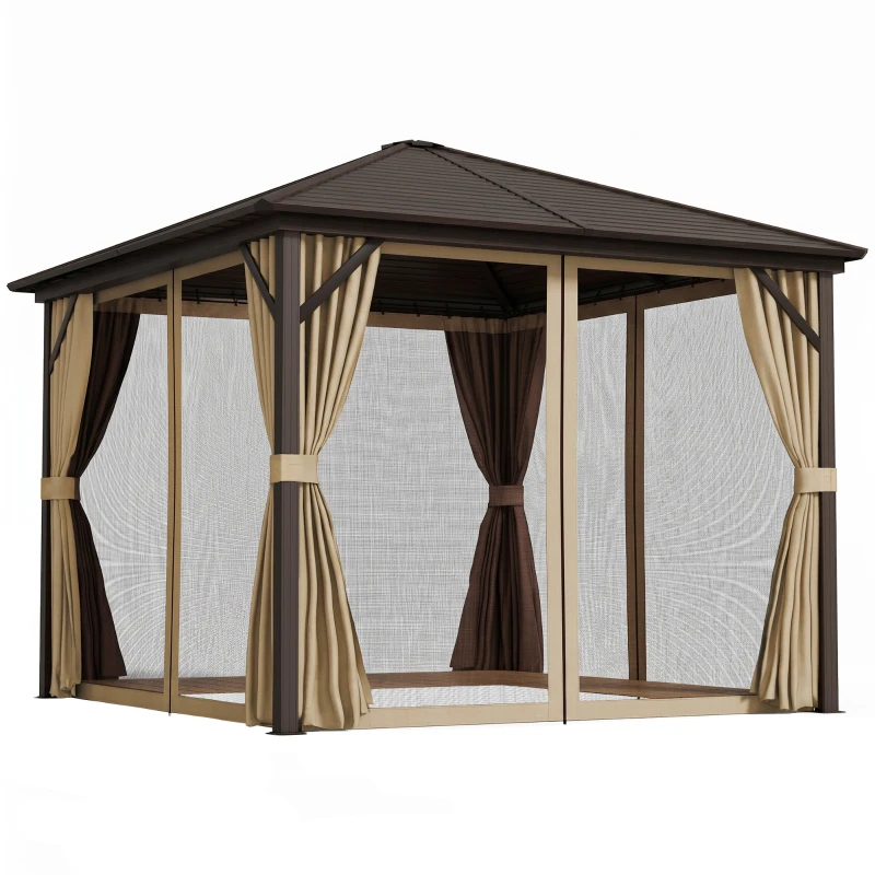 Outsunny 10' x 10' Hardtop Gazebo Outdoor Aluminum Gazebo Canopy with Mosquito Netting, Curtains, Hanging Hook, Brown