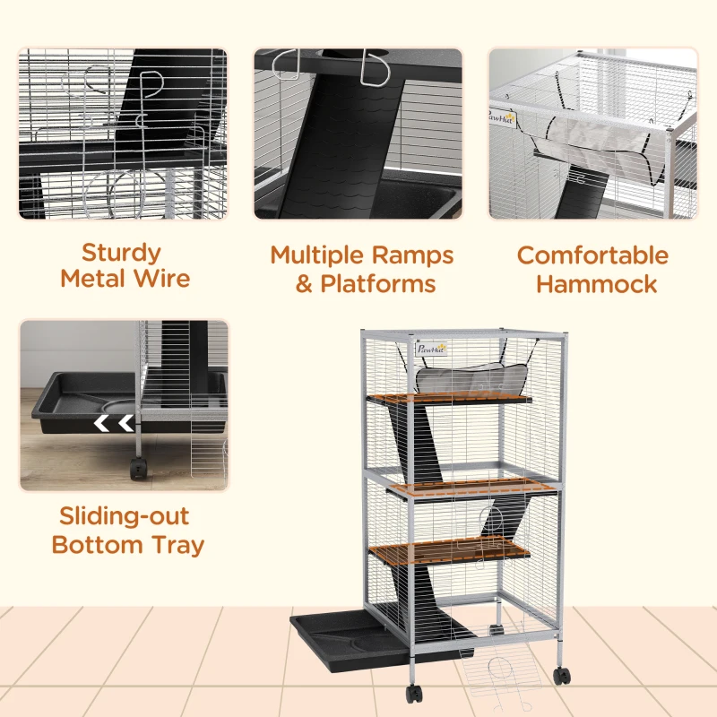 PawHut Steel Small Animal Cage for Ferret, Chinchilla, Kitten and Rabbit, Light Grey