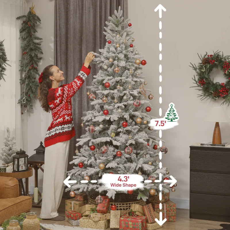 HOMCOM 7.5 ft Artificial Frosted Christmas Tree with Realistic Branches, Wide Full Spruce, Hinged Xmas Tree, Easy Assembly