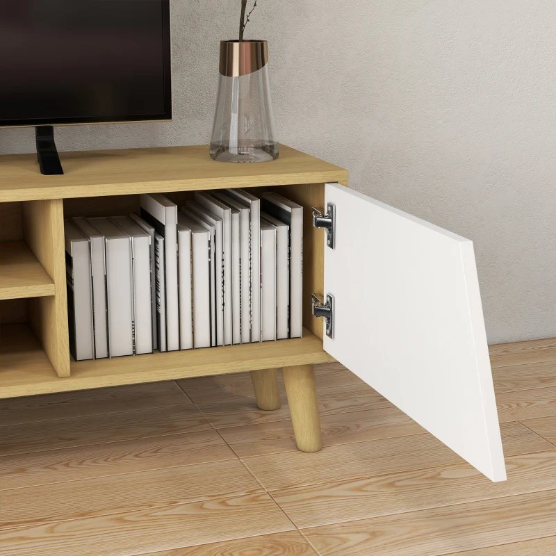 HOMCOM TV Stand for 65 Inch Television, Entertainment Center with Soft Closing Door and Rubberwood Legs, Oak and White