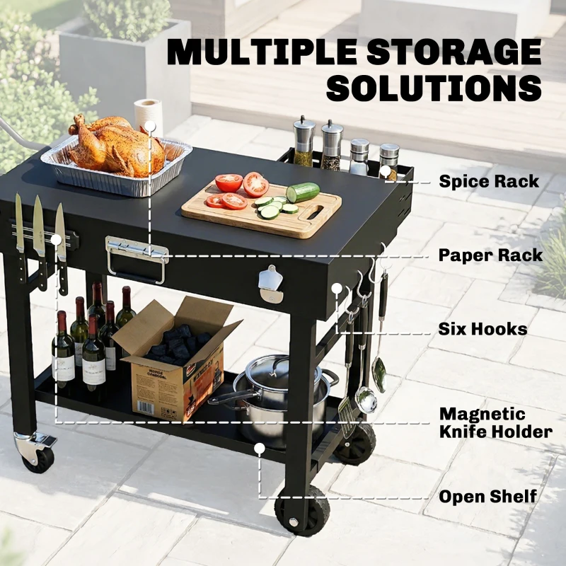 Outsunny Outdoor Grill Cart, Folding Grill Table with Magnetic Knife Holder, Hooks, Spice Rack, Paper Rack, Black