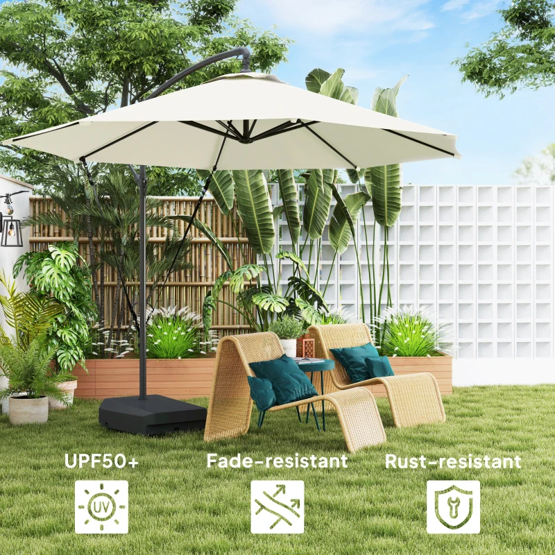 Outsunny 10FT Cantilever Umbrella with Fillable Base, Wind Strap and Cover, Offset Hanging Umbrella with Crank, Cream White