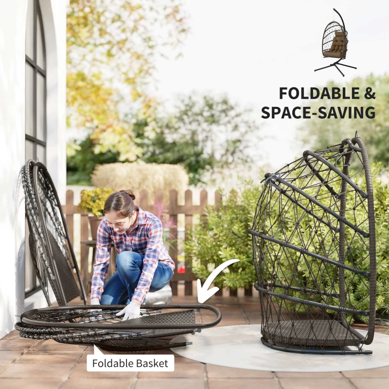 Outsunny Hanging Egg Chair with Stand, Foldable Wicker Rattan Swing Chair with Thick Cushion and Safety Rope, Brown