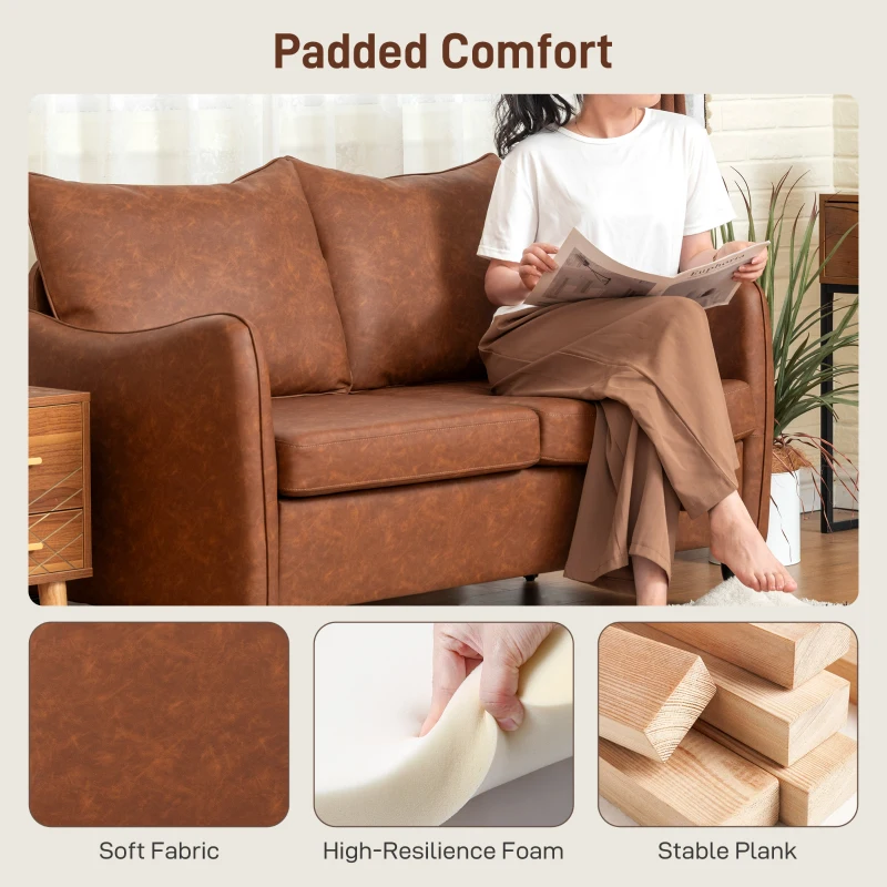 HOMCOM 55" Loveseat Sofa, Small 2 Seater Couch with Solid Wood Legs, Modern PU Leather Upholstered Sofa for Small Spaces, Brown