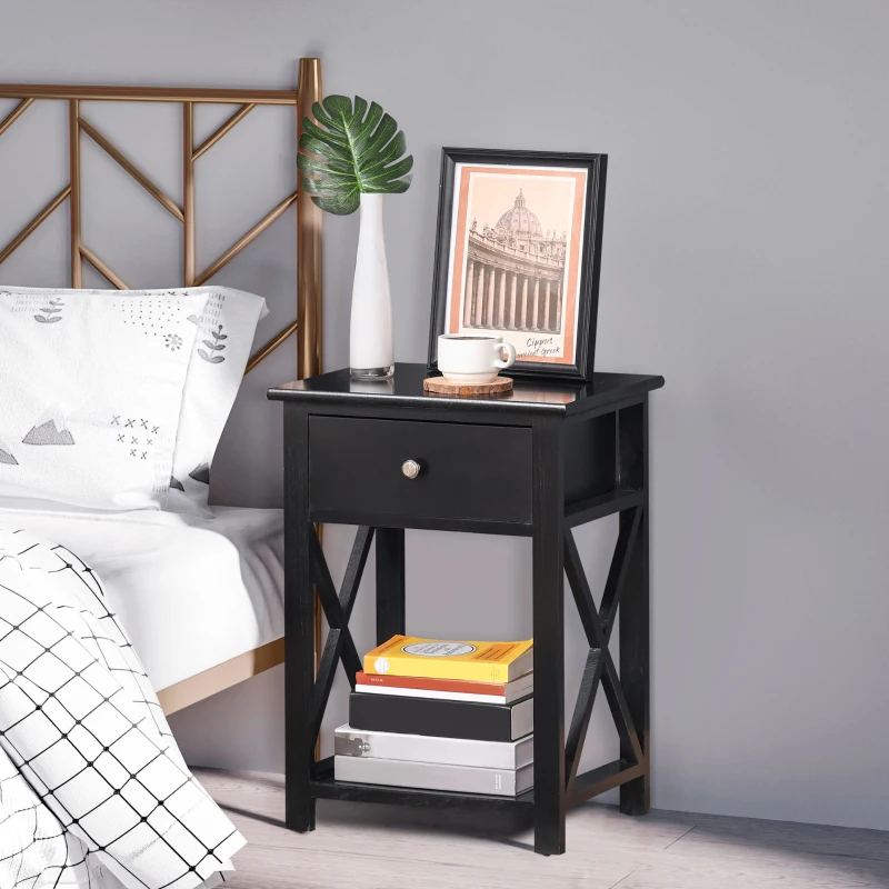 HOMCOM Wooden End Table Narrow Small Nightstand with Drawers Side Table for Bedroom, Black