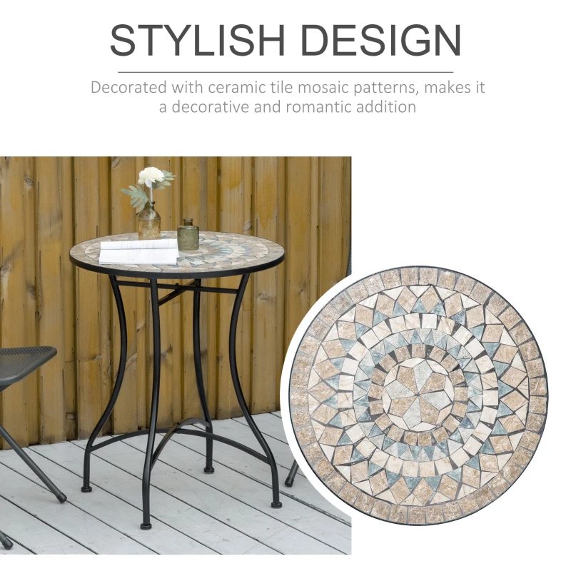 Outsunny Mosaic Patio Table, Round Coffee Table with Metal Frame, Garden Furniture for Outdoor, Poolside, Green