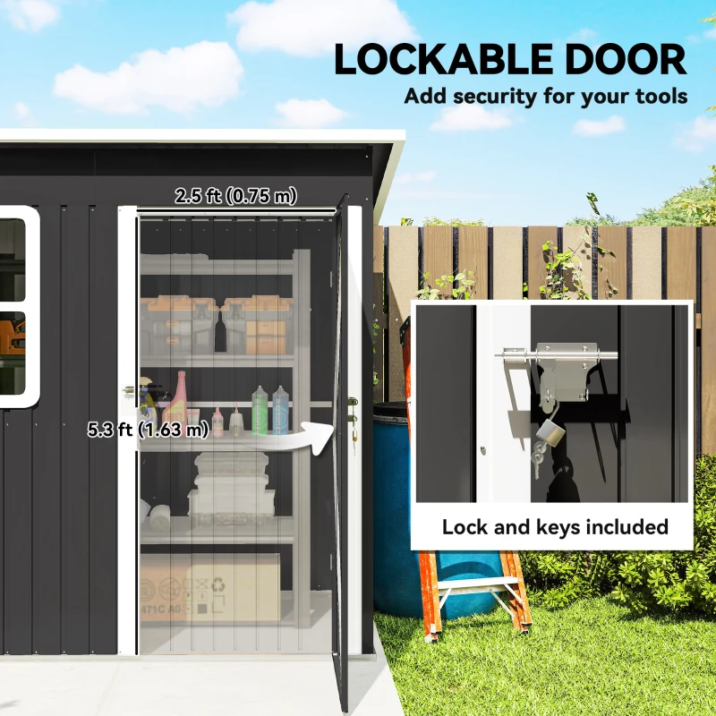 Outsunny 7' x 4' Galvanised Steel Outdoor Storage Shed, Garden Shed with Window, Lockable Wide Door and Air Vents, Dark Grey
