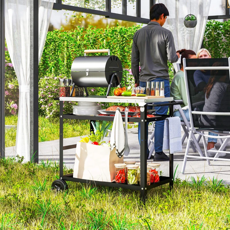Outsunny BBQ Stand with Stainless Steel Top Adjustable Shelf, Outdoor BBQ Station with Hooks Seasoning Tray Towel Rack