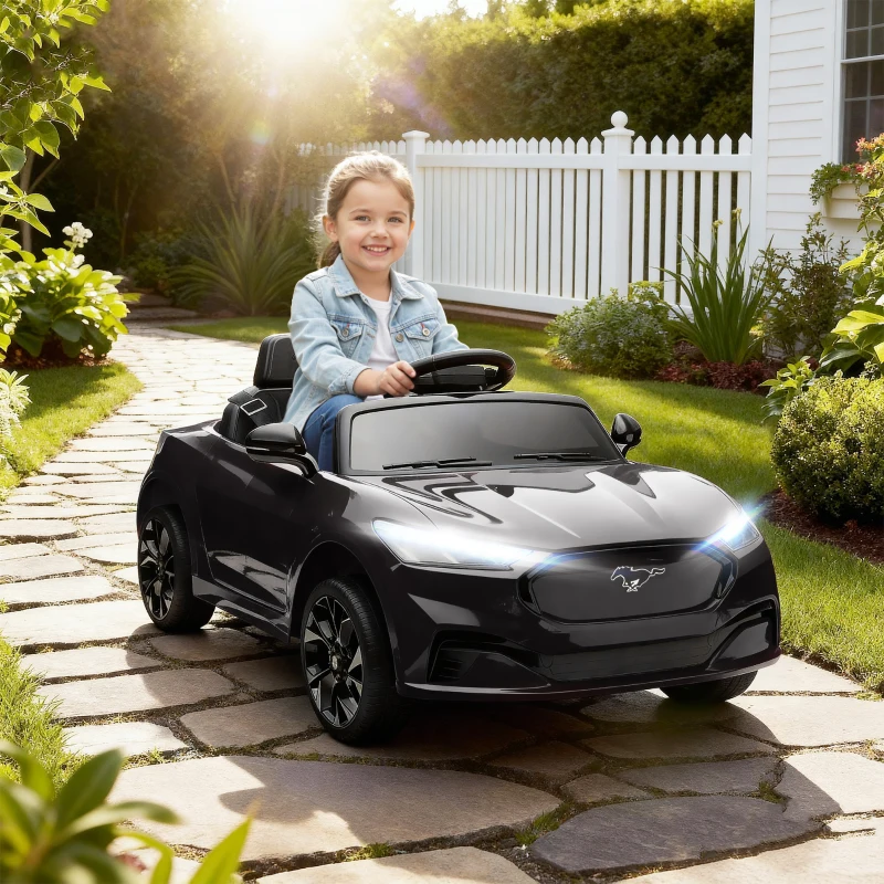 Qaba Ride On Car for Kids, Licensed Ford Mustang Mach-E 12V Electric Car with Remote Control, LED Light, Music, Black