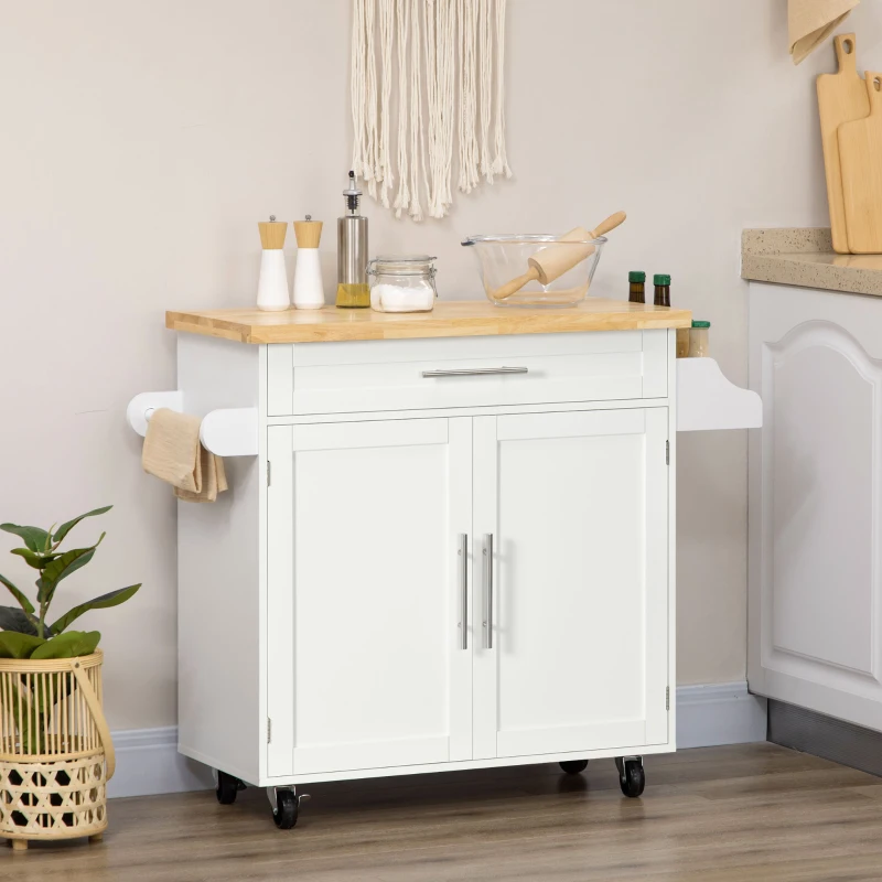 HOMCOM Kitchen Island with Storage, Rolling Cart Trolley with Rubberwood Top, Adjustable Shelf, Drawer, Spice Rack, White