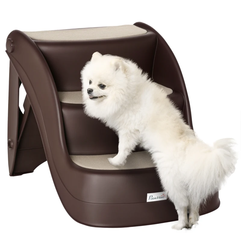 PawHut Dog Stairs for Small Dogs 15"H, 3-Step Foldable Pet Step with Non-Slip Treads, for Injured, Old, Puppy, Cats, for High Bed, Sofa, Couch, Chair, Lightweight, Brown
