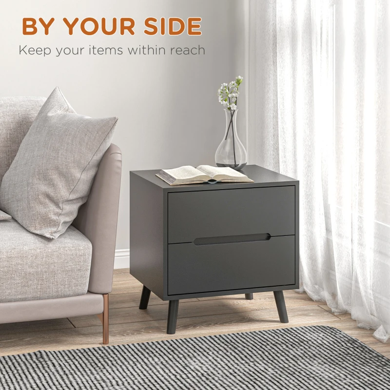 HOMCOM Modern Nightstand, Night Table with 2 Drawers, Bed End Table with Solid Wood Legs for Bedroom