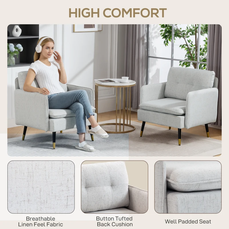 HOMCOM Accent Chairs Set of 2, Upholstered Armchairs with Tufted Back Cushion and Steel Legs for Living Room, Bedroom