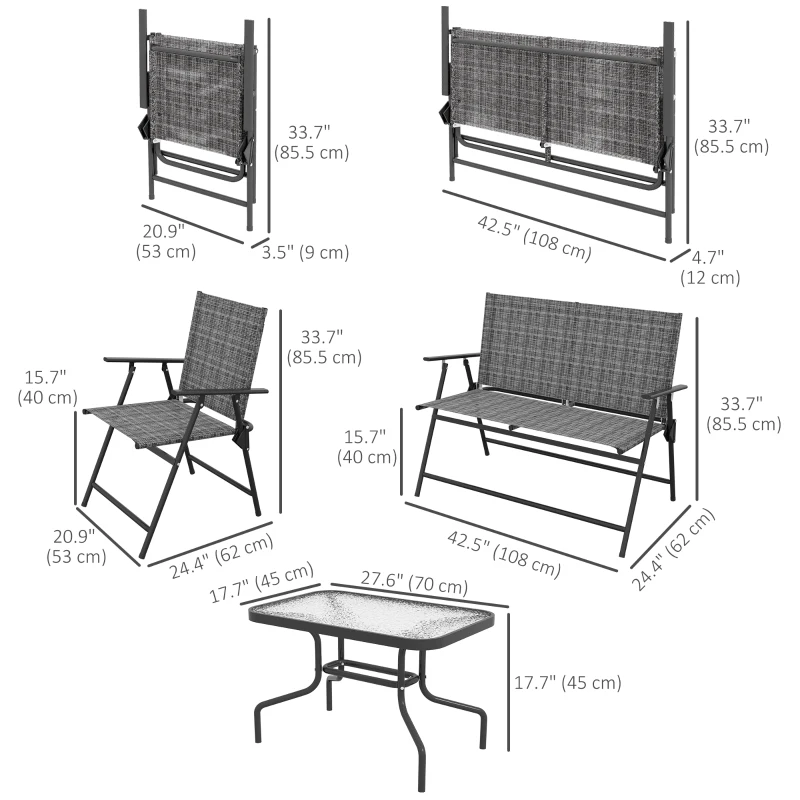Outsunny Outdoor 4 Pieces Patio Furniture Set, Garden Set with Two Foldable Armchairs, a Loveseat & Glass Top Table, Mixed Grey