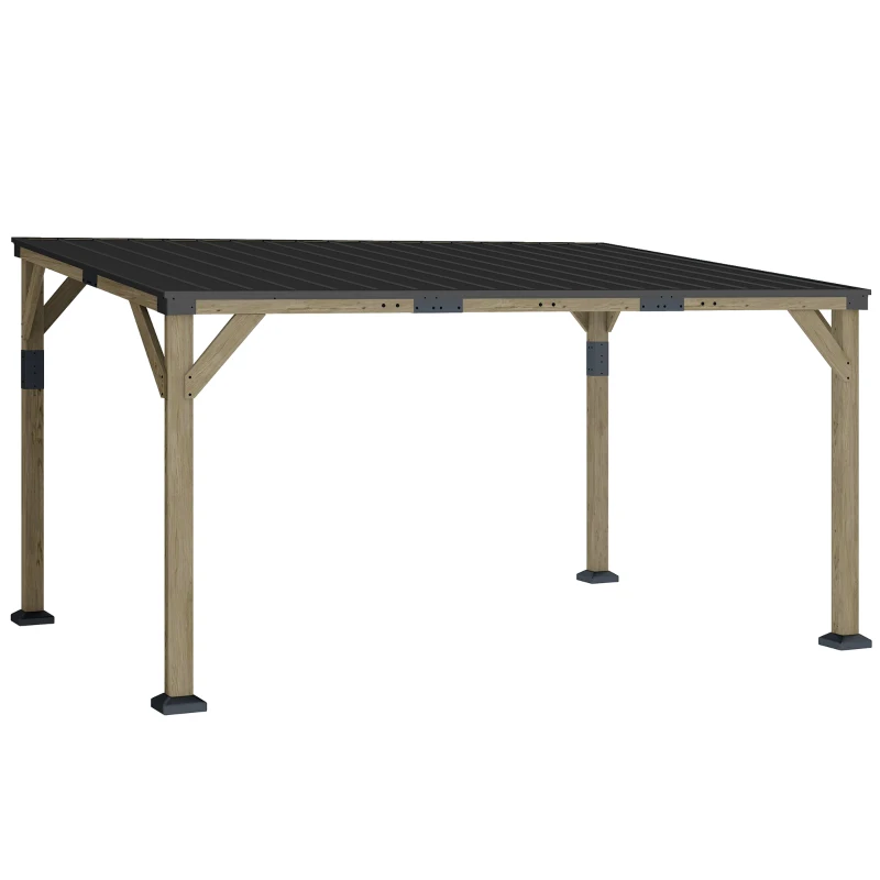 Outsunny 14' x 10' Gazebo, Lean to Galvanized Steel Hardtop Gazebo Pergola with Wood Frame, Patio Gazebo Awning, Dark Grey