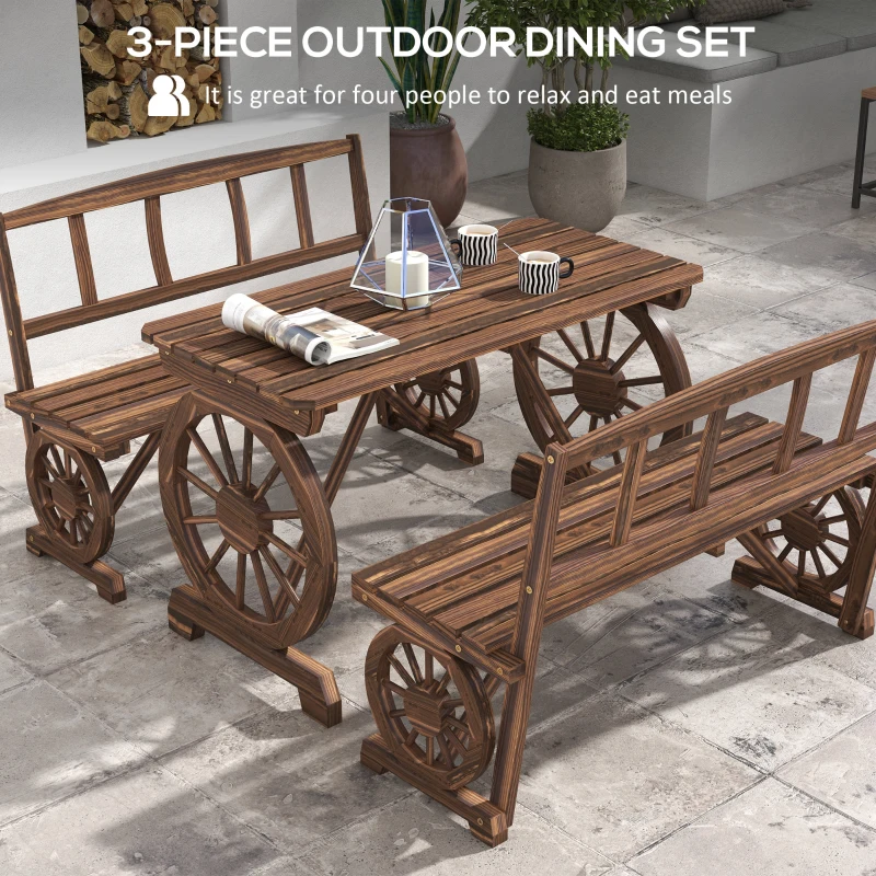 Outsunny Wooden Patio Table and Chairs for 4 People 3-Piece Carriage Wheels Design for Porch, Backyard, Balcony, Carbonized