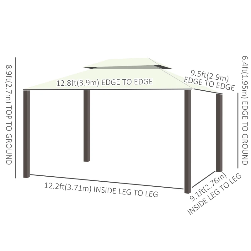 Outsunny 9.5'x13' Soft-top Aluminum Gazebo Deck Canopy Double Tier Garden Shelter with Netting and Curtains, Cream White