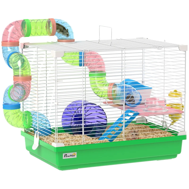 PawHut 18"L Hamster Cage, Small Animal House, 2-Level Rat Gerbil Haven with Tunnel Tube System, Green