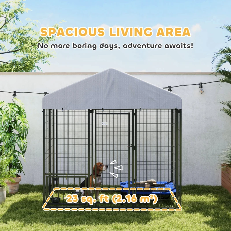 PawHut Outdoor Dog Kennel with Waterproof UV-Resistant Cover, Rotating & 4-Level Adjustable Feeding Bowls, 5.9 x 4 x 6 ft