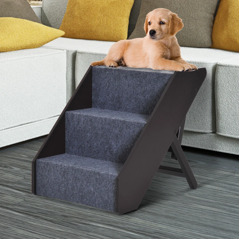 PawHut 3 Step Height Adjustable Portable Wooden Easy Climb Pet Stairs - Dark Brown