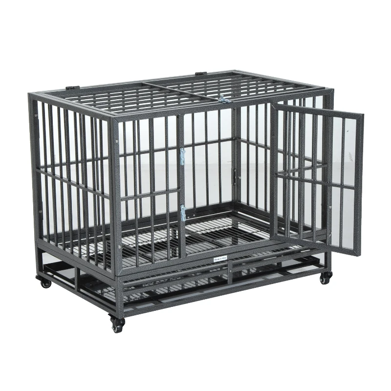 PawHut 36" Heavy Duty Dog Crate Metal Cage Kennel with Lockable Wheels, Double Door and Removable Tray, Gray