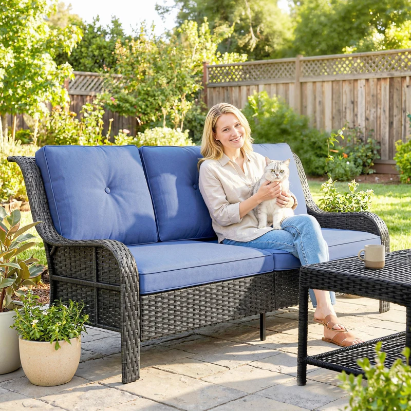 Outsunny Wicker Patio Sofa with Cushions, 3 Seater Rattan Outdoor Couch for Patio, Garden, Porch, Backyard, Deep Blue