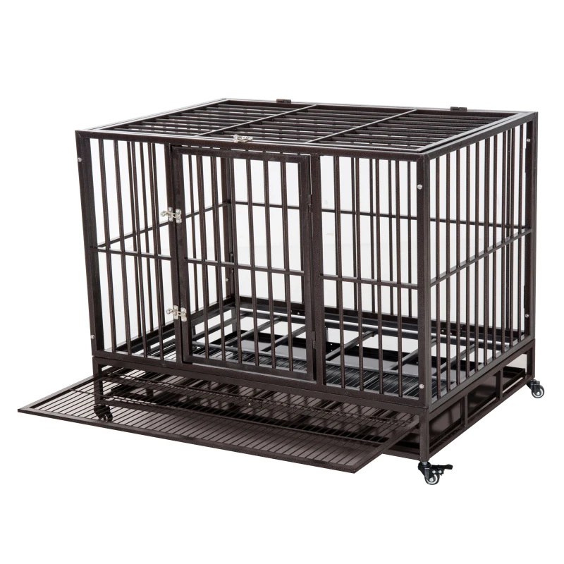PawHut 42" Heavy Duty Dog Crate Metal Cage Kennel with Lockable Wheels, Double Door and Removable Tray, Brown