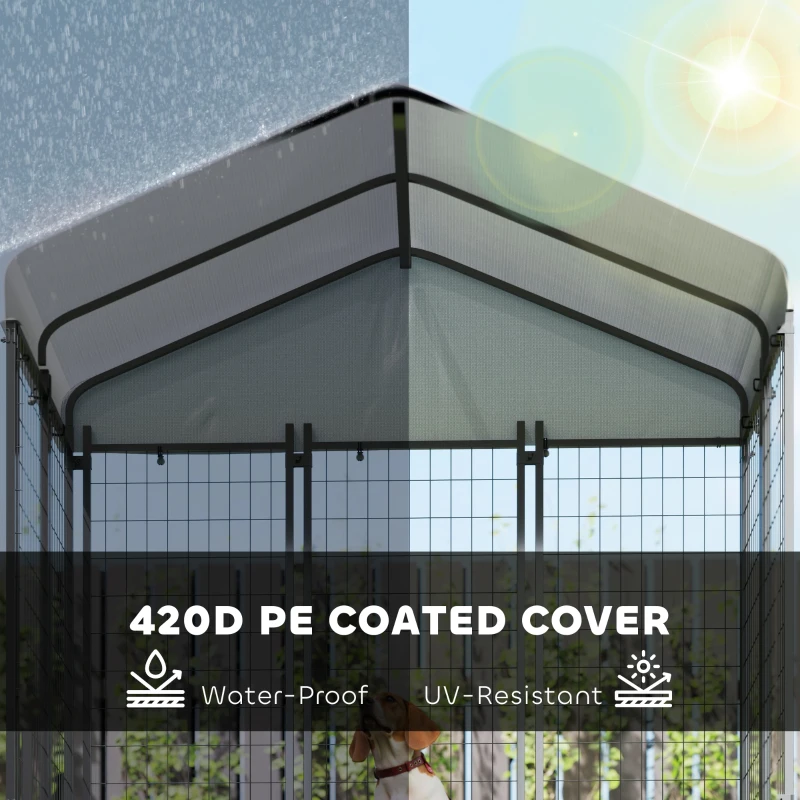 PawHut Outdoor Dog Kennel with Waterproof UV-Resistant Cover, Rotating & 4-Level Adjustable Feeding Bowls, 5.9 x 4 x 6 ft