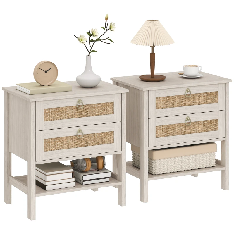 HOMCOM Set of 2 Boho Bedside Tables, Rattan Nightstands with 2 Drawers, Storage Shelf, End Side Tables for Bedroom, White Oak