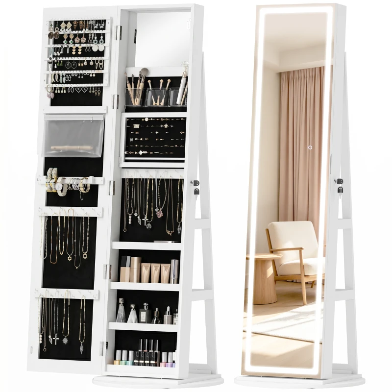 HOMCOM Jewelry Cabinet with Full Length Lockable Mirror, Standing Jewelry Armoire Organizer with LEDs, White