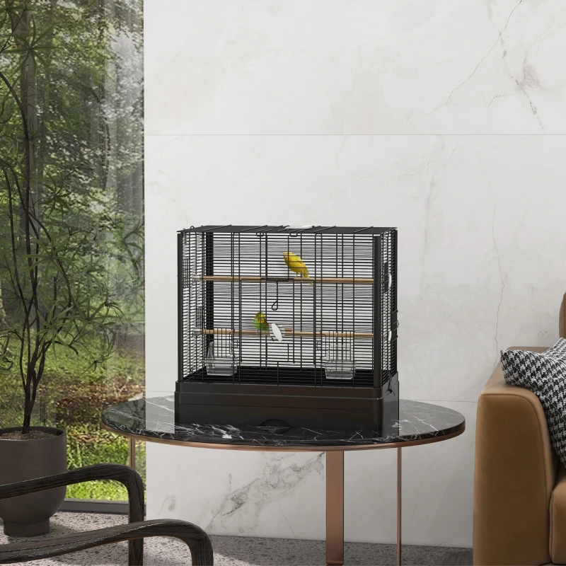 PawHut 22" Bird Cage for Budgie Finches Canaries Love Birds with Wooden Stands, Slide-Out Tray, Handles, Food Containers, Black