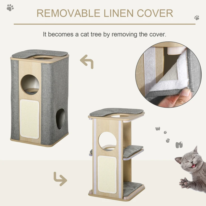 PawHut Wooden Cat Condo 3 Story Barrel Tower w/ Perch Removable Cover Cushions Sisal Scratching Carpet, Grey