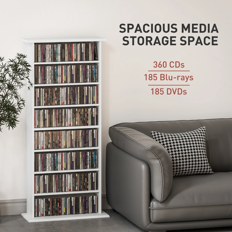 HOMCOM 8-Tier DVD Shelf with 6 Adjustable Shelves, Slim CD Shelf, Holds 360 CDs, 185 DVDs or 185 Blu-rays, White