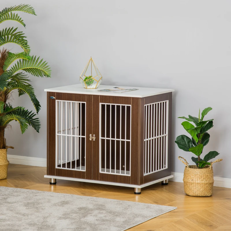PawHut 34'' Wooden Dog Cage, Modern Wire Dog Crate, Pet Kennel with Door, Lock, Adjustable Foot Pads, for Small and Medium Dogs, Coffee and White