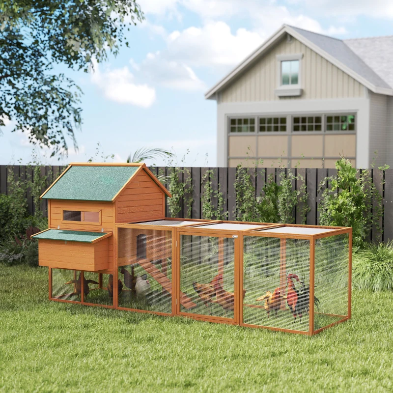 PawHut 137" Chicken Coop with Extra Large Run, Hen House, Wooden Rabbit Hutch Poultry Bunny Cage with Nesting Box,  Waterproof Roof for Backyard, for 4-6 Chickens, Orange