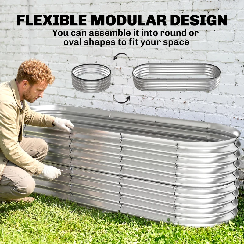 Outsunny 2Pcs Galvanized Raised Garden Bed, 6 x 2 x 2 ft Modular Metal Garden Beds with Rubber Strip Edging, Silver