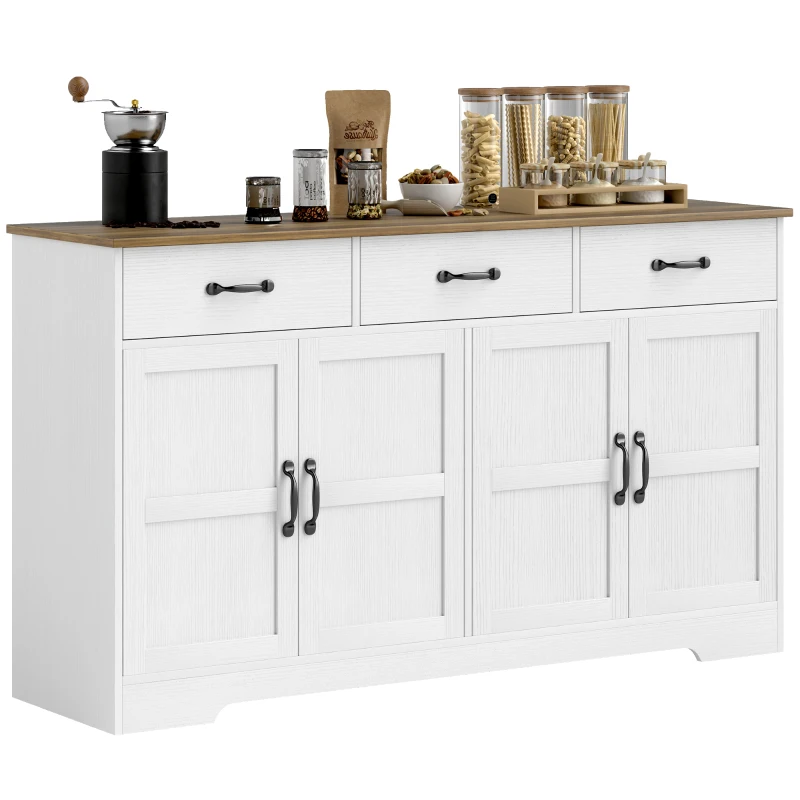 HOMCOM Sideboard Buffet Cabinet with Storage, Modern Coffee Bar Cabinet with 3 Drawers and Adjustable Shelves, Distressed White